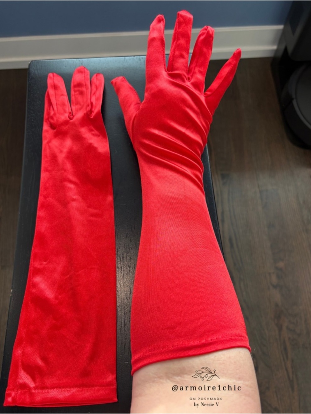 RED SATIN GLOVES | mid-length below elbow | Women’s Size Medium